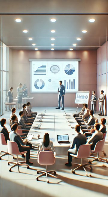 Ein Pitch vor einer Menge an Investoren in Anzügen Ein Pitch vor einer Menge an Investoren in Anzügen