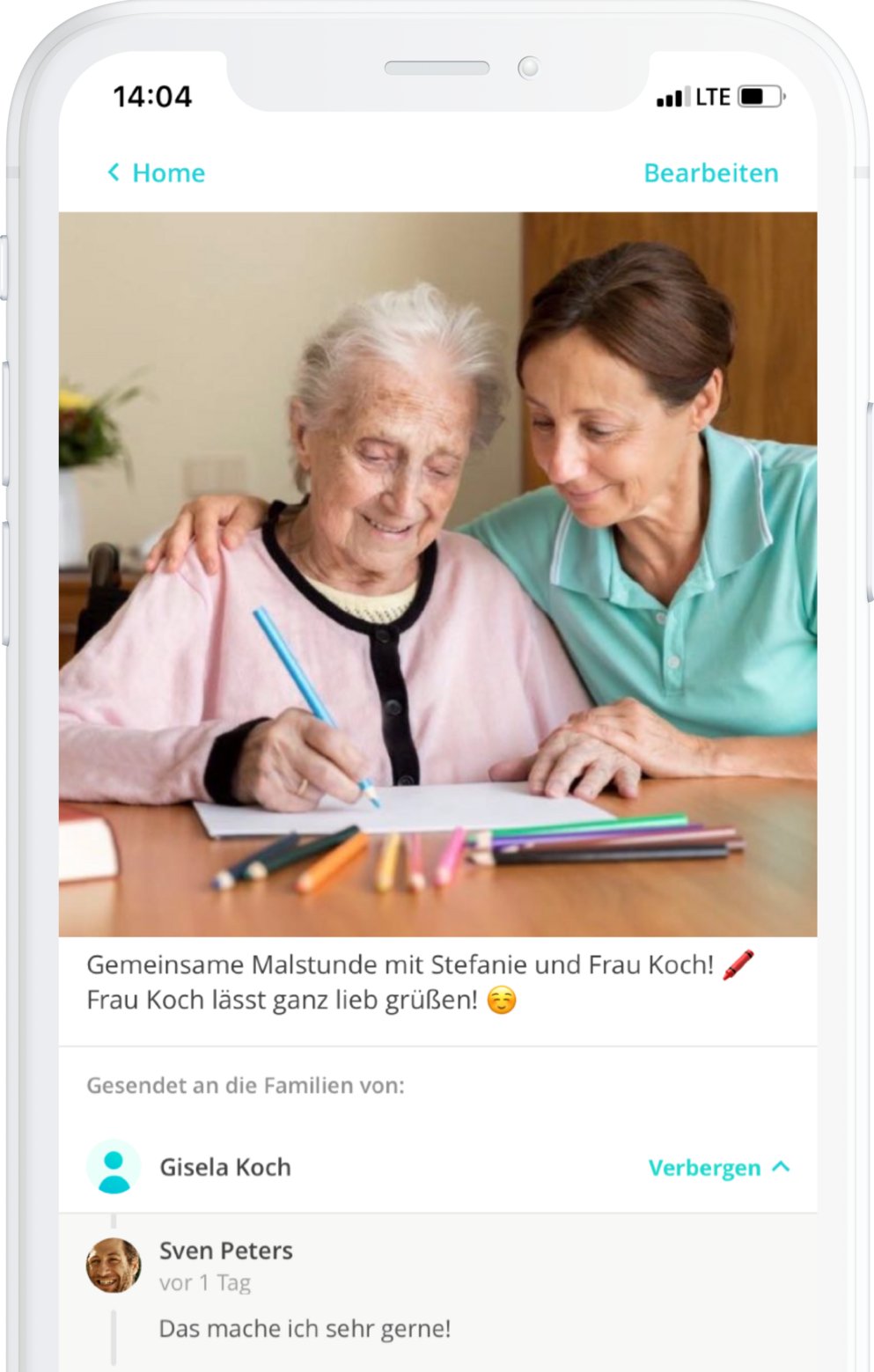 Pflegekraft die einer zu pflegenden Person myo zeigt